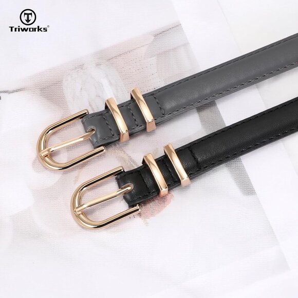 2 Pack Women's Skinny Leather Belts Black Gray Thin Faux with Gold Buckle - Picture 3 of 6